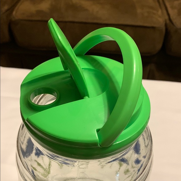 Glass Beverage Dispenser with Green Lid and Blue Floral Design - Picture 2 of 7